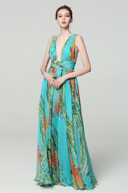 Vestido de fiesta floral con estampado de tiras V-Cut verde