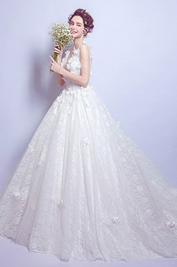 Weiss V-Ausschnit Blumen Lang Schleppe Braut Kleid
