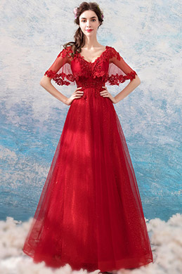 Red Cape Beaded Formal Long Evening Gown