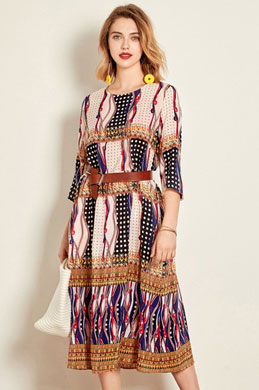 Silk Round Neck Printed Dress Wear to Work