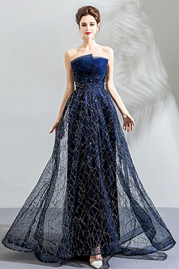 Shiny Blue Strapless Formal Party Prom Dress