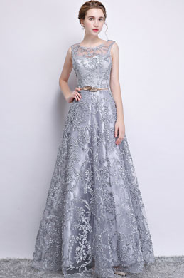 Grey Sleeveless Lace Applique Tulle Party Dress