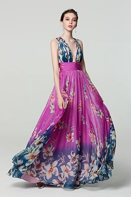Purple V-Cut Strap Print Floral Ball Party Dress