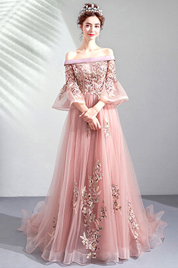 Robe de Soirée Rose à Manches Épaule Découverte