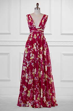 V Col Robe de Soirée Florale Imprimé Rouge V Col Robe de Soirée Florale Imprimé Rouge