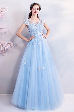 Vestido de Fiesta de las Mujeres Apliques de Encaje Azul
