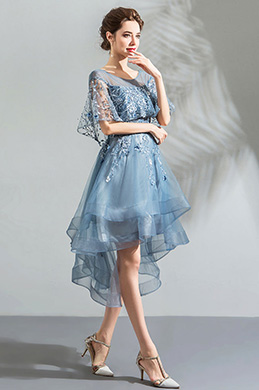 Blue Cape Top Embroidery Layer Tulle Party Dress