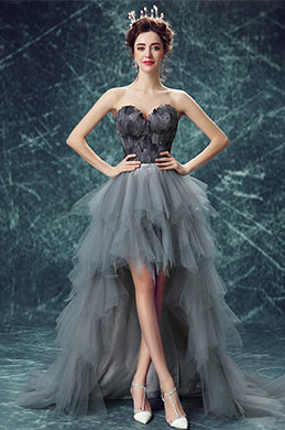 Grey Corset Feather Ruffle Tulle Party Ball Dress
