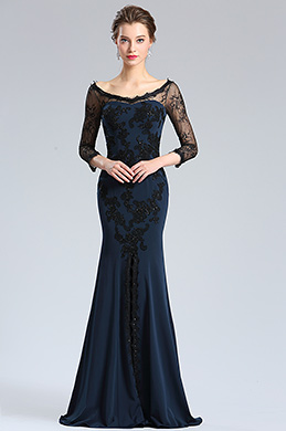 Robe de Soirée Bleue Marine à Manches Longues