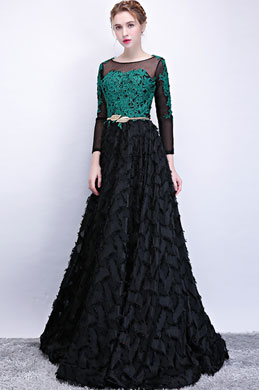 Green Lace Applique Black Ruffle Long Party Dress Green Lace Applique Black Ruffle Long Party Dress