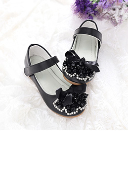 Black Girl's Round Toe Leather Flat Flower Dance Shoes
