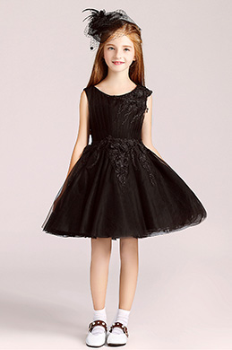 Short Black Princess Party Stage Flowergirl Dress