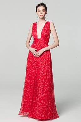 Sexy Plunging V-Cut Strap Print Floral Prom Ball Dress