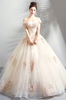 Beige Off-Shoulder Lace Applique Tulle Party Prom Dress