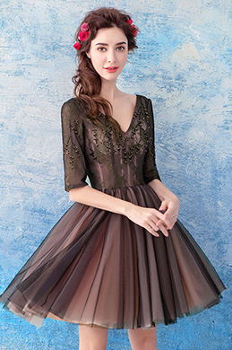 Lovely Black V-Cut Sleeves Cocktail  Party Dress