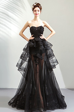 Robe de Soirée Noire Bustier Dentelles Et Perles