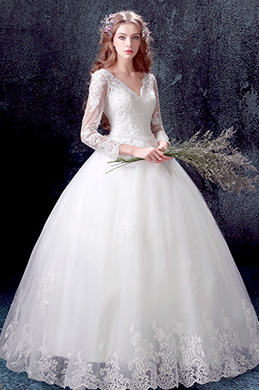 Spitze V-Ausschnitt langen Ärmeln Puffy Brautkleid