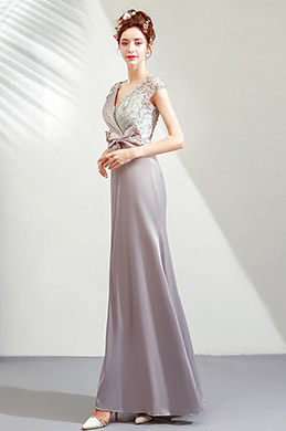 Grey V-Cut Lace Appliques Party Prom Dress