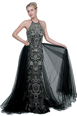Schwarzer Halter Perlen Halter Overlay Partykleid