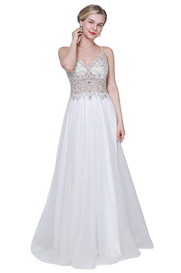 New White Spaghetti Straps Embroidery Wedding Ball Dress