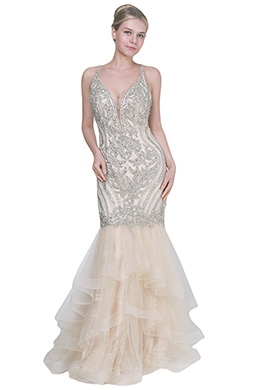 Neu Beige V-Ausschnitt Perlen Party Formal Kleid