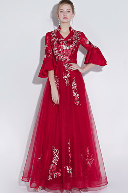 Red V-Cut NeckLine Mid Sleeves Party Ball Gown
