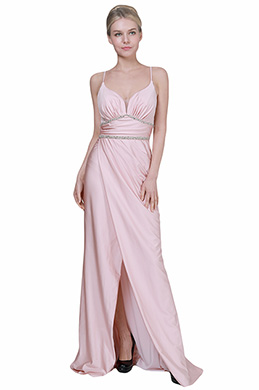 New Pink Spaghetti V-Cut Slit Party Evening Dress