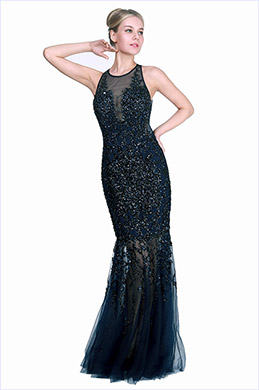 New BlueSleeveless Beaded Party Formal Dress
