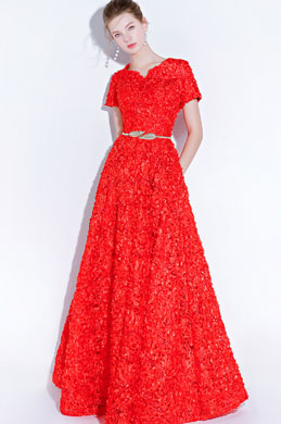 Red Short Sleeves Floral Long Party Evening Ball Dress