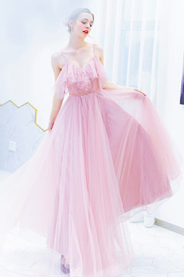 Pink Spaghetti Ruffle Sequins Prom Party Dress