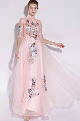 High Neck Pink/Grey Evening Dress Formal Wear