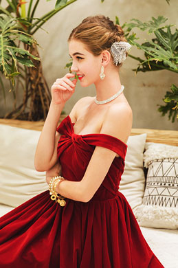 Wine Rot Freischulter Velvet Party Abendkleid