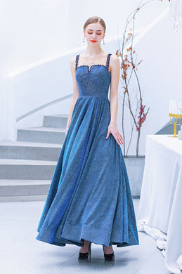Blue Illusion Neck Blue Beaded Party Prom Gown Blue Illusion Neck Blue Beaded Party Prom Gown