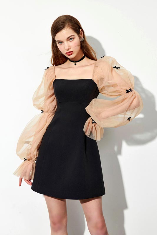 Fashion Puffy Tulle Sleeves with Bows Mini Cape Dress Black Dress