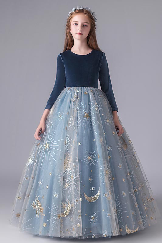 Schön blau Ärmel Hochzeitsfeier Blumenmädchen Kleid