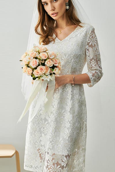White elegant V-Cut Neckline Lace Appliques Day/Party Dress