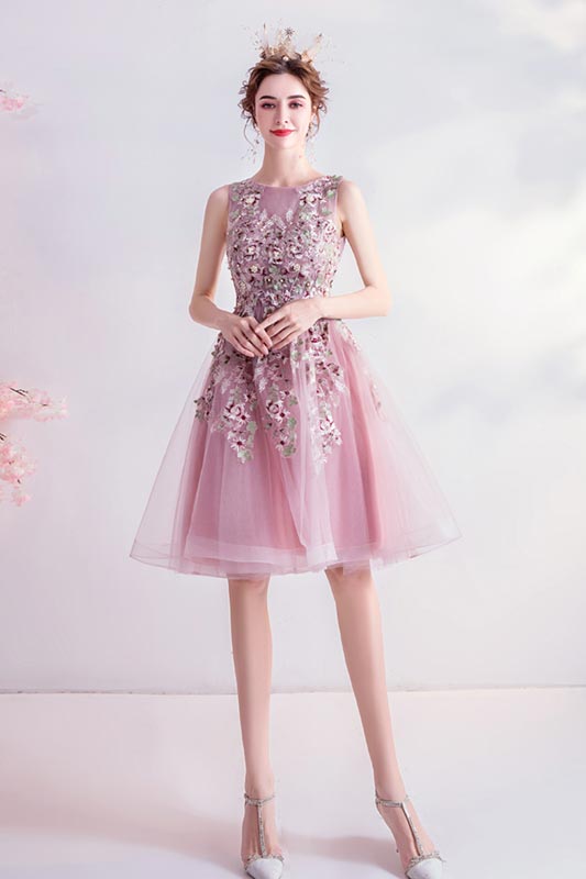 New Pink Embroidery Tulle Party Cocktail Dress