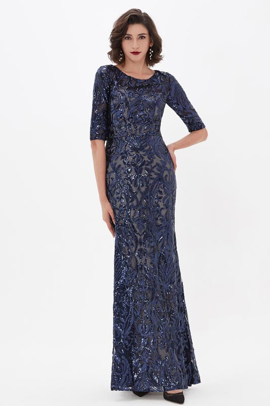 Blue Sequins Lace Half Sleeves Party Evening Dress