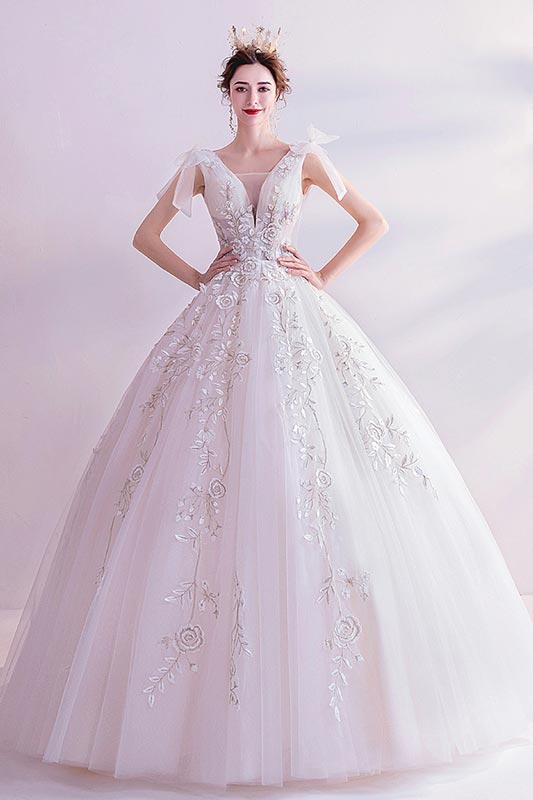 Sexy Deep V-Cut Lace Applique Tulle Wedding Party Dress