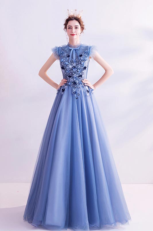 Neu Blauer Hoher Hals Stickerei Party Abendkleid