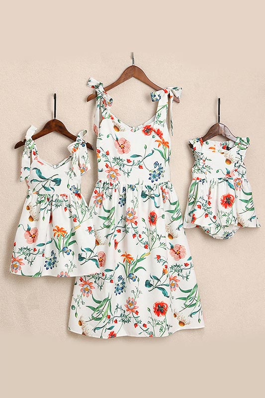 Mommy and Me Floral Printed Dresses Shoulder Straps Bowknot Outfits