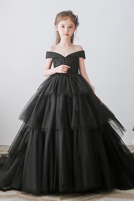 New Black Off Shoulder Lace Applique Cake Flower Girl Dress New Black Off Shoulder Lace Applique Cake Flower Girl Dress