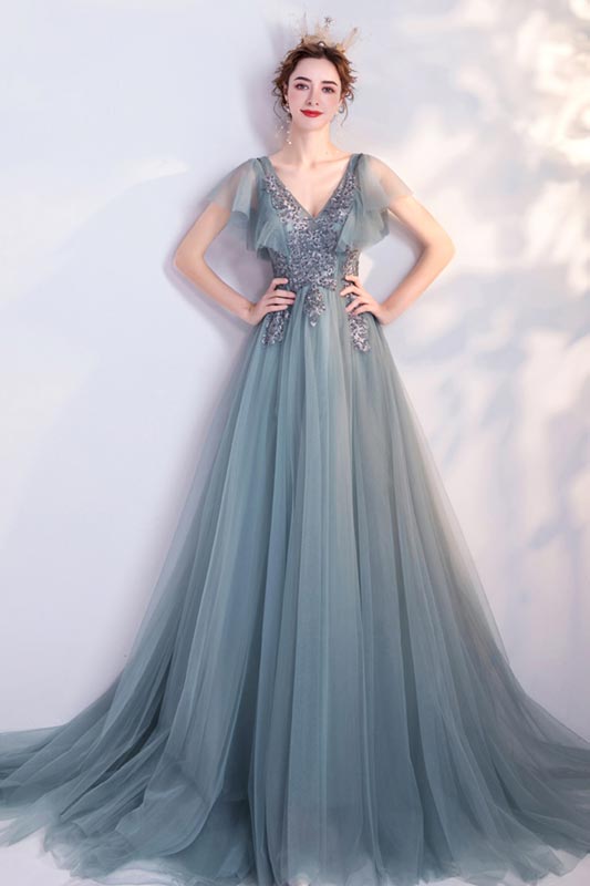 Lovely Green Cap Sleeves V-Cut Embroidery Party Prom Dress