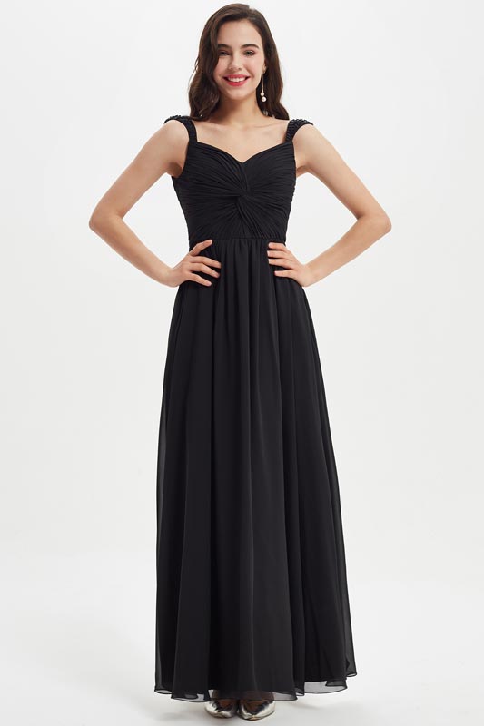 Black Beads Straps V-Cut Bridesmaid Dress