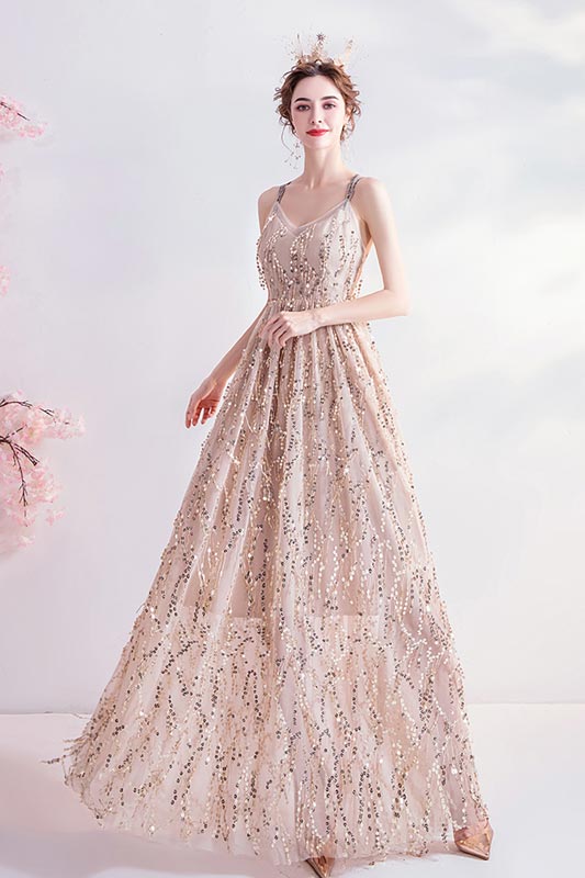Vestido de noche de lentejuelas brillantes con tirantes en V