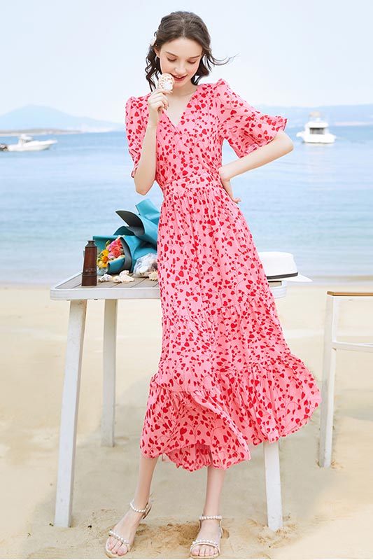 Women Floral Maxi Dress Short Sleeves Print Summer Beach Party Dress