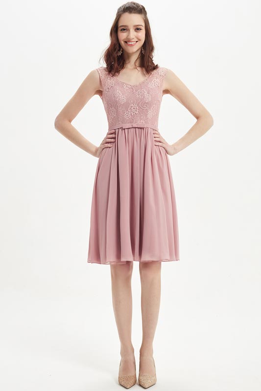 Staubig Rosa V-Schnitt Spitze Brautjunferkleid