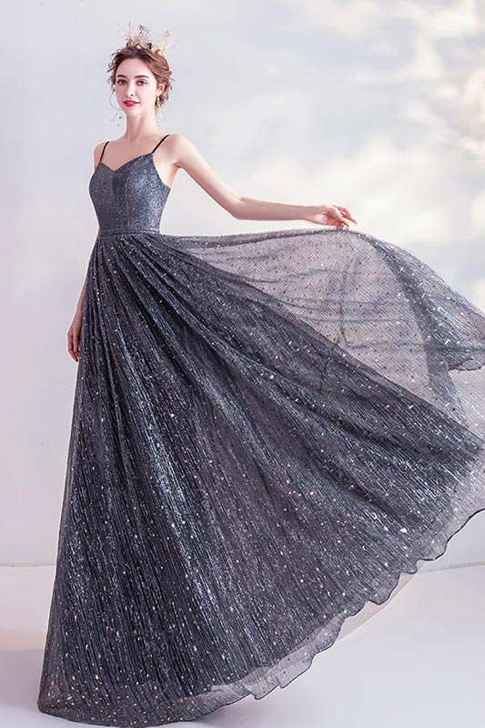 Vestido de fiesta de lentejuelas con corte en V de espagueti