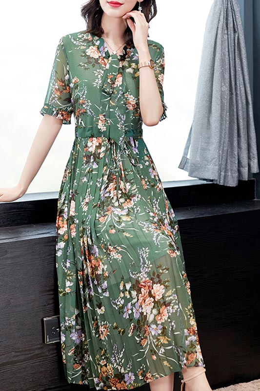 Green Floral Printed Holiday Maxi Summer Party Dress