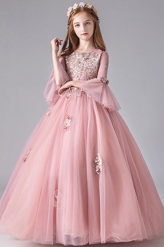 Lovely Pink Trumpet Sleeves Flowergirl Dress